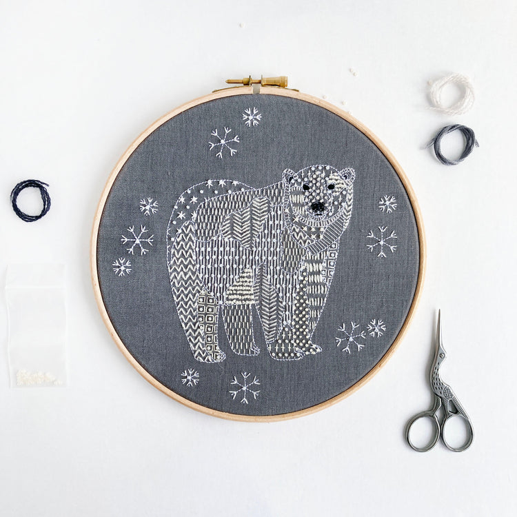 Christmas Embroidery Kits - Kirsty Freeman Design. Our Christmas embroidery kit range includes winter animal kits, including our polar bear embroidery kit; and also includes smaller kits, perfect for creating embroidery Christmas decorations.