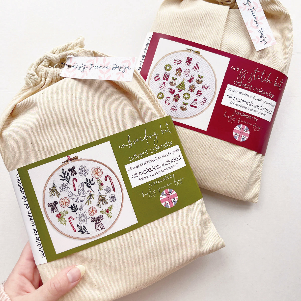 Embroidery and cross stitch Advent kits with festive motifs packed in cotton bags, ready for a handmade Christmas countdown.