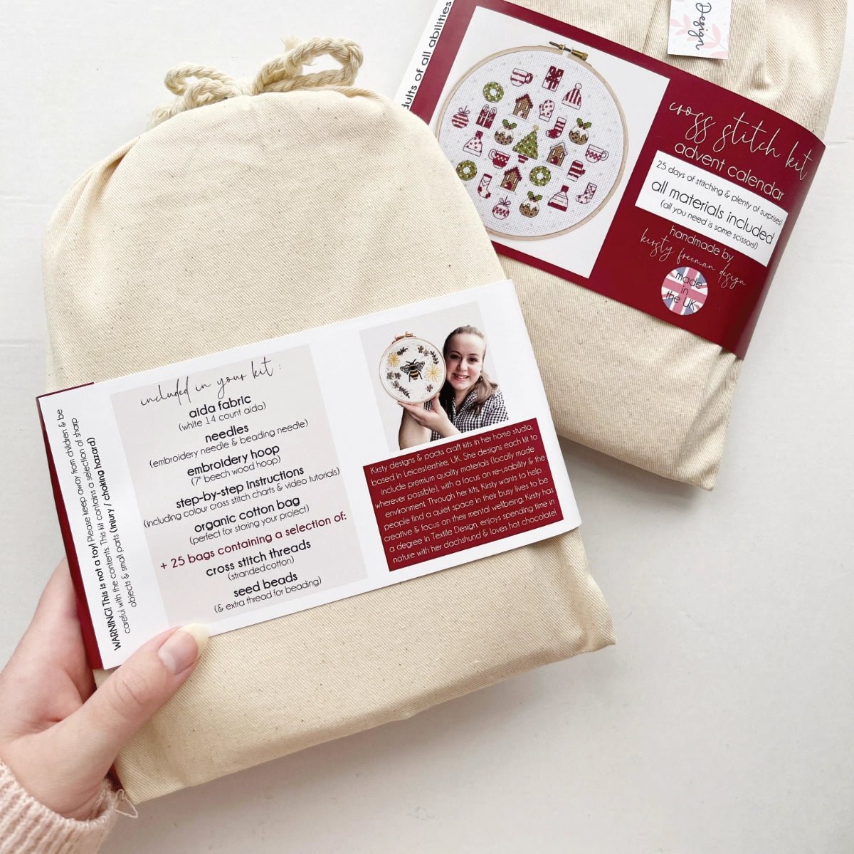 Back of Advent Calendar Cross Stitch Kit packaging showing cotton bag and label details.