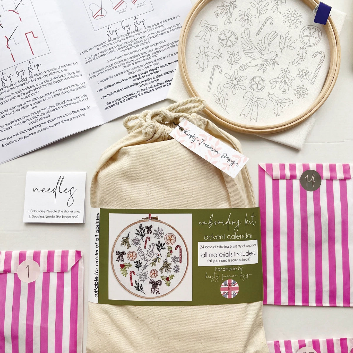 Advent Calendar Embroidery Kit contents – hoop, instructions, fabric, needles and packaging displayed together.