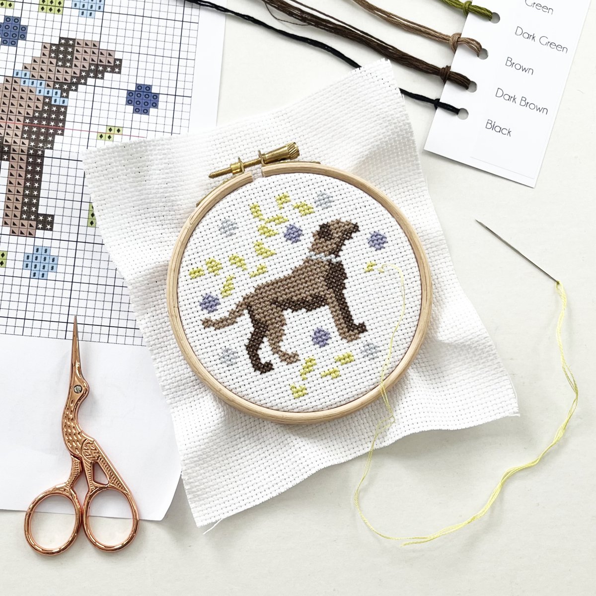 A Kirsty Freeman Design modern cross stitch kit of a chocolate labrador, with flowers and leaves is being stitched. There is a needle and thread, scissors, threads and a cross stitch chart in the background.