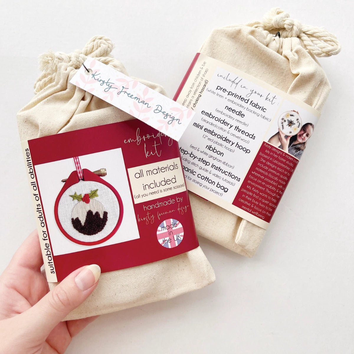 Front of Mini Christmas Pudding Embroidery Kit packaging showing festive pudding motif.