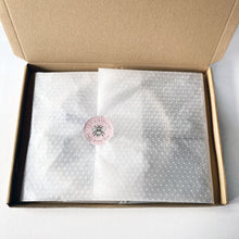 Load image into Gallery viewer, Bee Embroidery Kit - Kirsty Freeman Design. Everything needed to complete the embroidery kit is packed inside tissue paper, sealed with a branded sticker and packed inside a cardboard box.
