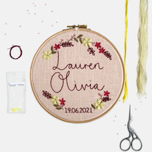 Load image into Gallery viewer, Personalised Baby Embroidery Kit - Kirsty Freeman Design. You can personalise the details on this name embroidery kit, adding the text and date that you choose, which will be printed onto the fabric, alongside the floral design.
