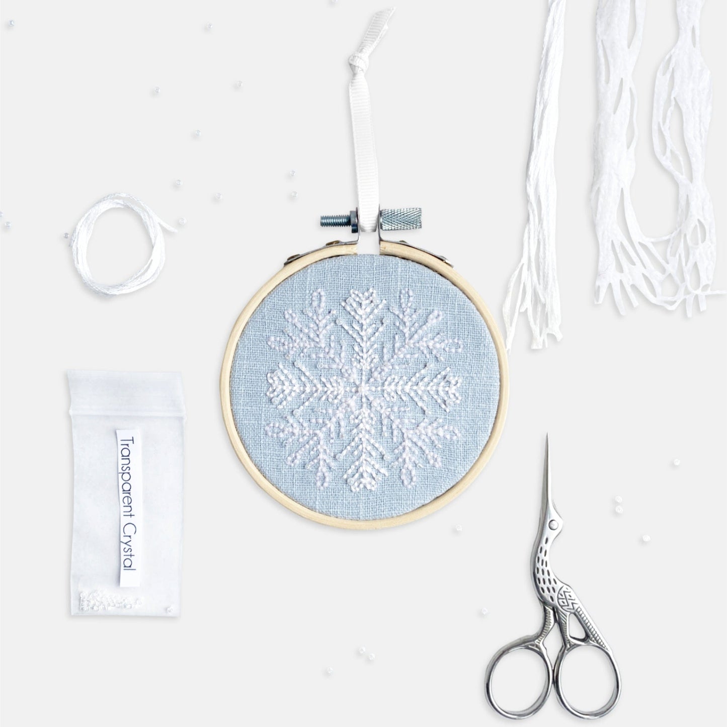 Snowflake Embroidery Kit - Kirsty Freeman Design. An easy embroidery starter kit, designed and made in the UK, created using seed beads, stranded cotton and crewel wool.