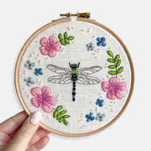 Load image into Gallery viewer, Dragonfly Embroidery Kit - Kirsty Freeman Design. A close up of the completed kit - a great embroidery project idea to perfect your satin stitch skill level!
