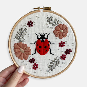 Insect Embroidery Kit Collection - Kirsty Freeman Design.  The ladybird embroidery kit, stitched in autumnal colours, using satin stitch, back stitch and bead embellishment.