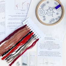 Load image into Gallery viewer, Ladybird Embroidery Kit - Kirsty Freeman Design. All the materials needed to make an embroidery kit: threads, beads, needles, fabric, embroidery hoop and instructions.
