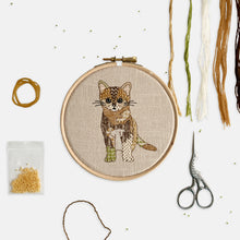 Load image into Gallery viewer, Black Cat Embroidery Kit - Kirsty Freeman Design. Our kitten embroidery design, stitched in shades of ginger, on a chalk coloured linen.
