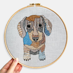 Sausage Dog Embroidery Kit - Kirsty Freeman Design. Close up image of the dachshund, created using modern embroidery stitches. A larger embroidery project, suitable for beginners.