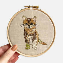 Load image into Gallery viewer, Cat Embroidery Kit - Kirsty Freeman Design. Close up of the ginger kitten, created using french knots, straight stitch and seed beads.
