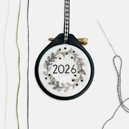 Mini Christmas Embroidery Kit 2026 | Monochrome Wreath Design - Modern Craft Kit from Kirsty Freeman Design