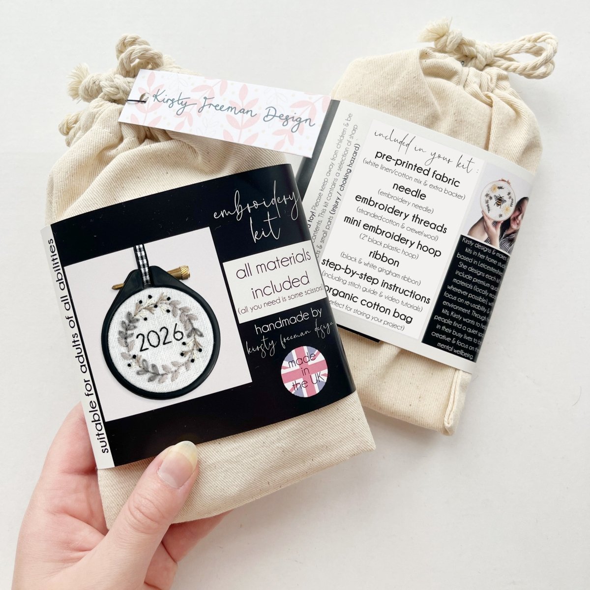Mini Christmas Embroidery Kit 2026 | Monochrome Wreath Design - Modern Craft Kit from Kirsty Freeman Design