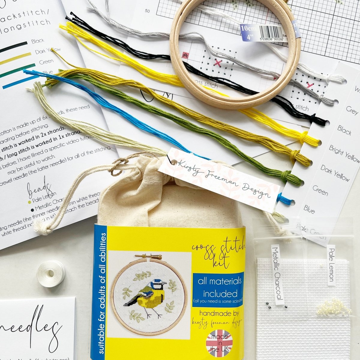 Blue Tit Bird Cross Stitch Kit - Modern Craft Kit from Kirsty Freeman Design