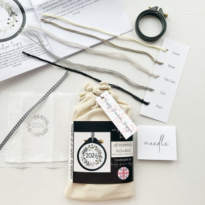 Mini Christmas Embroidery Kit 2026 | Monochrome Wreath Design - Modern Craft Kit from Kirsty Freeman Design
