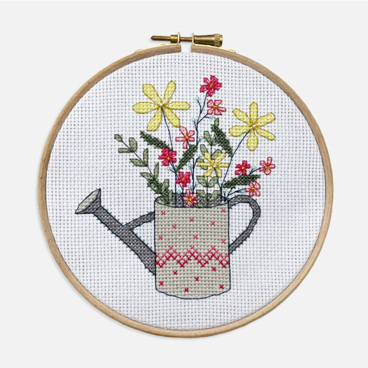 Floral Watering Can Cross Stitch Kit