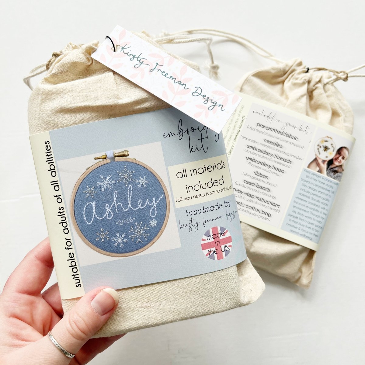 PRE - ORDER Personalised Name Snowflake Embroidery Kit - Modern Craft Kit from Kirsty Freeman Design