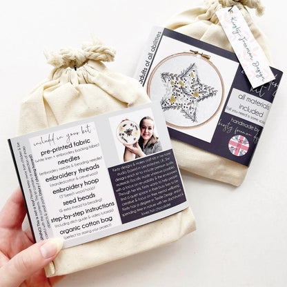 Back of Christmas Star Embroidery Kit packaging showing the embroidery materials included in the kit.