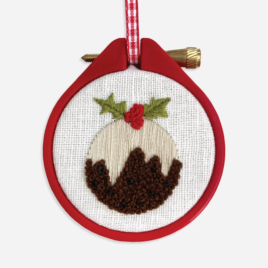Close-up of stitched Christmas pudding embroidery using satin stitch and French knots.