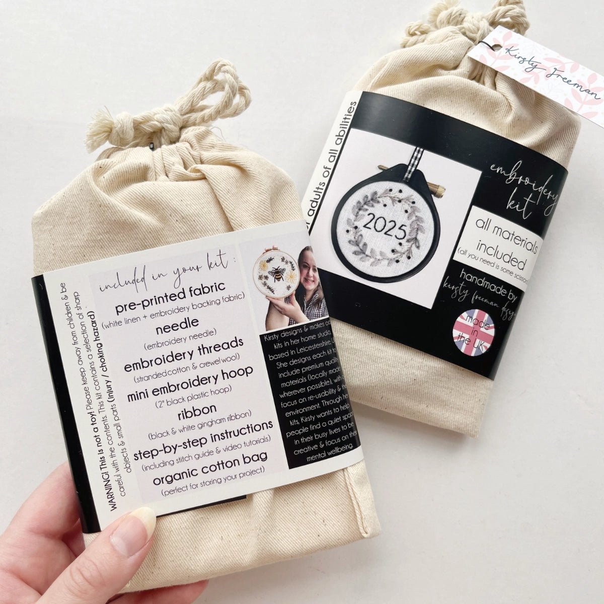 Back of Mini Christmas Embroidery Kit 2025 packaging showing kit materials included.