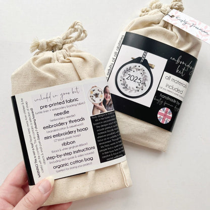 Back of Mini Christmas Embroidery Kit 2025 packaging showing kit materials included.