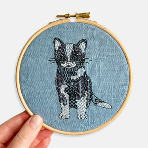 Black Cat Embroidery Kit - Kirsty Freeman Design. Patterned stitches have been used to create the cat embroidery hoop, which has been stitched in a 'paint by numbers' style.