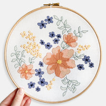 Load image into Gallery viewer, Flower Cross Stitch Kit - Kirsty Freeman Design. A close up of our large cross stitch design, created using DMC stranded cotton to create full cross stitches, 3/4 cross stitches, back stitch and long stitch, we have also included seed beads. for extra shine!
