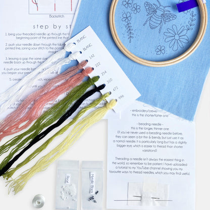 Floral Bee Embroidery Kit - Kirsty Freeman Design. This image shows all of the materials included in the embroidery kit.