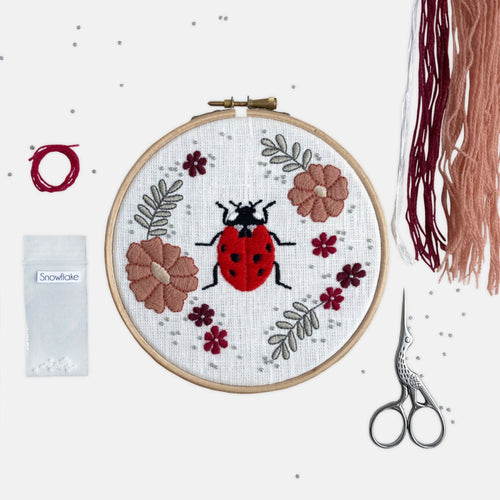 Ladybird Embroidery Kit - Kirsty Freeman Design. A ladybird stitched using crewel wool and stranded cotton, surrounded by a wreath of flowers and leaves, stitched in autumnal shades. 