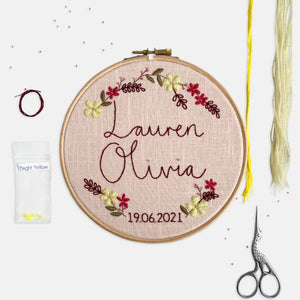 Personalised Baby Embroidery Kit - Kirsty Freeman Design. You can personalise the details on this name embroidery kit, adding the text and date that you choose, which will be printed onto the fabric, alongside the floral design.