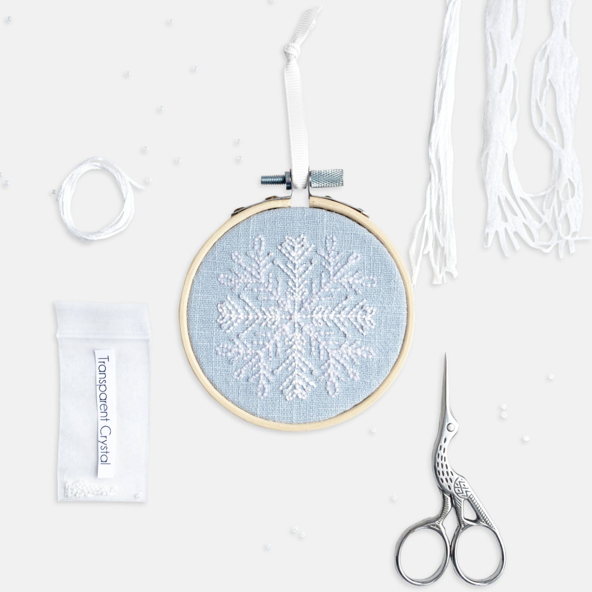 Snowflake Embroidery Kit - Kirsty Freeman Design.  An easy embroidery starter kit, designed and made in the UK, created using seed beads, stranded cotton and crewel wool.