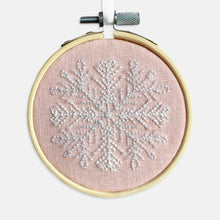 Load image into Gallery viewer, Christmas Snowflake Embroidery Kit - Kirsty Freeman Design. The pink snowflake decoration, with a sophisticated sparkle created by the seed beads.

