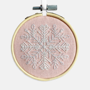 Christmas Snowflake Embroidery Kit - Kirsty Freeman Design. The pink snowflake decoration, with a sophisticated sparkle created by the seed beads.