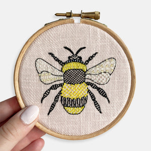 Bee Embroidery Kit Designed and Made in the UK - Kirsty Freeman Design. Bee embroidery hoop, created from a simple embroidery kit, using patterned stitches to create modern textures.