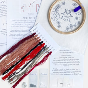 Ladybird Embroidery Kit - Kirsty Freeman Design. All the materials needed to make an embroidery kit: threads, beads, needles, fabric, embroidery hoop and instructions.
