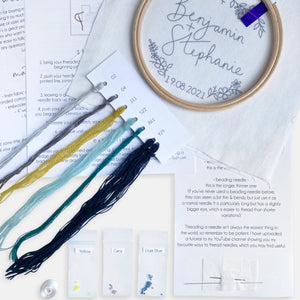 Wedding Embroidery Kit - Kirsty Freeman Design. A photograph of everything included inside the standard colourway, so you can make your own wedding gift.