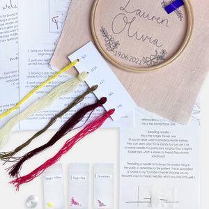 New Baby Embroidery Kit - Kirsty Freeman Design. The contents of the pink personalised kit, including a selection of threads and seed beads in shades of pink, burgundy, khaki and yellow.