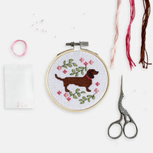 Load image into Gallery viewer, Dachshund Cross Stitch Kit - Kirsty Freeman Design. A ginger dachshund dog breed cross stitch pattern, stitched onto white aida fabric using stranded cotton. The dachshund is surrounded by cross stitched green leaves and pink flowers.
