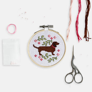 Dachshund Cross Stitch Kit - Kirsty Freeman Design. A ginger dachshund dog breed cross stitch pattern, stitched onto white aida fabric using stranded cotton. The dachshund is surrounded by cross stitched green leaves and pink flowers.
