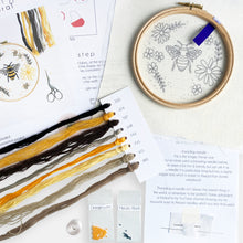 Load image into Gallery viewer, Floral Bee Embroidery Kit - Kirsty Freeman Design. The kit includes instructions, pre-printed fabric, an Elbesee embroidery hoop, needles, beads and plenty of threads.
