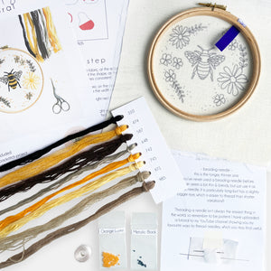 Floral Bee Embroidery Kit - Kirsty Freeman Design. The kit includes instructions, pre-printed fabric, an Elbesee embroidery hoop, needles, beads and plenty of threads.