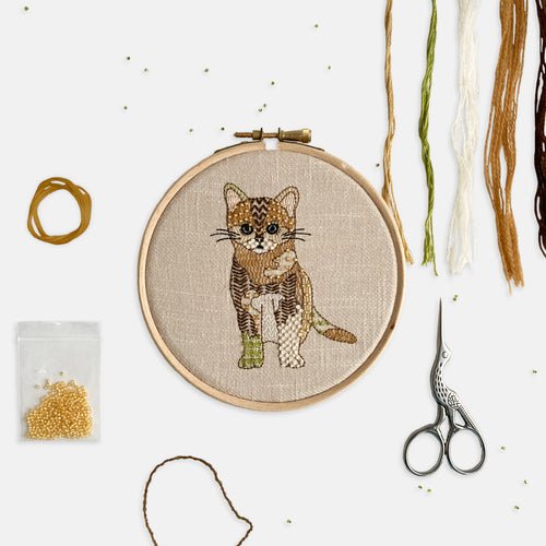 Cat Embroidery Kit - Kirsty Freeman Design. Modern embroidery stitches used to stitch cat embroidery kit in shades of ginger.